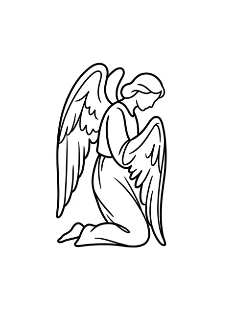 Black and white linework angel tattoo design, outline stencil