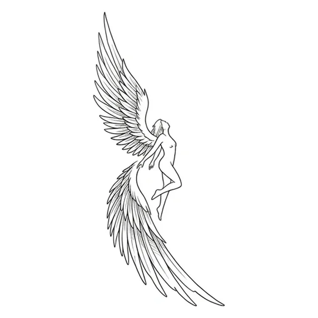 linework Angel tattoo design, black and grey