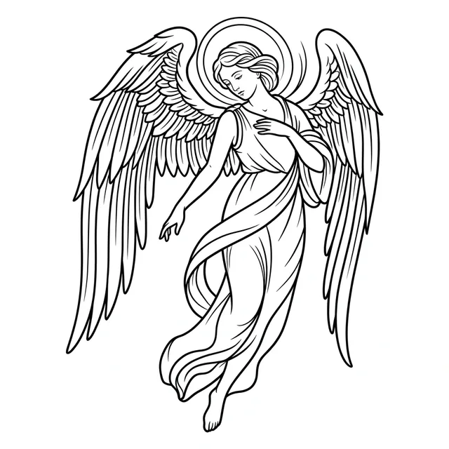 linework Angel tattoo design, black and grey