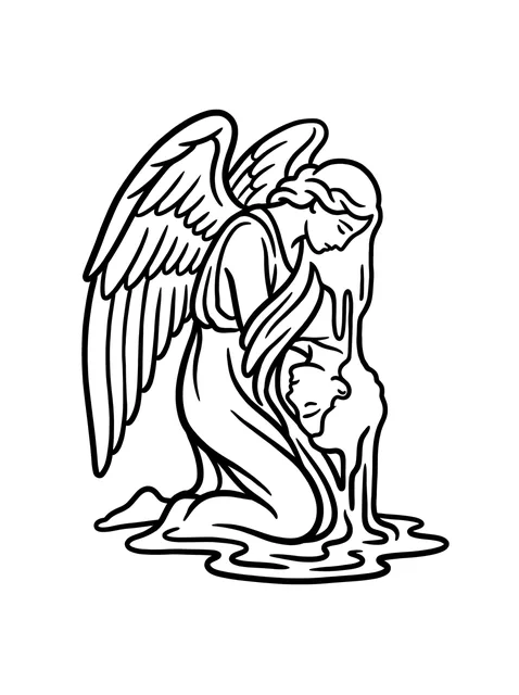 Black and white linework angel tattoo design, outline stencil