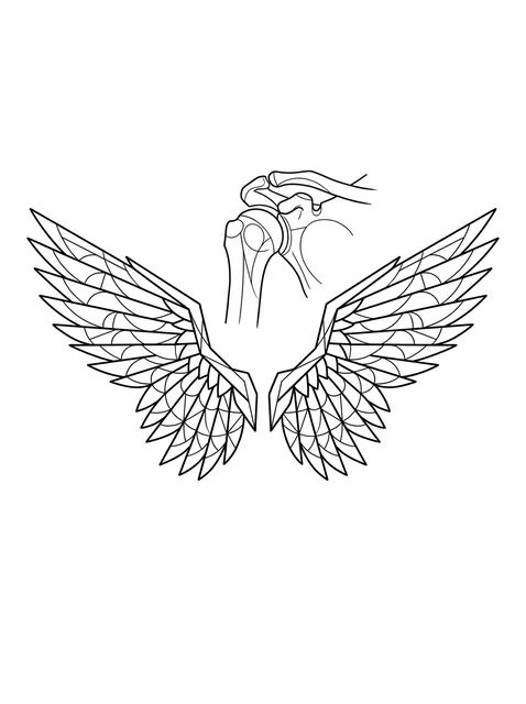 Black and white linework skeleton and angel wings tattoo design, outline stencil