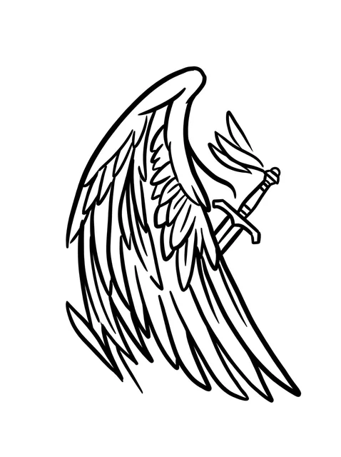 Black and white linework sword and angel wings tattoo design, outline stencil
