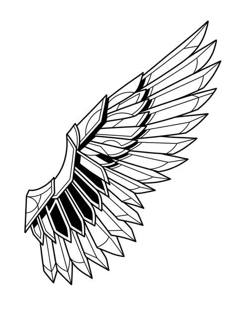 Black and white linework angel wings tattoo design, outline stencil: a single angel wing