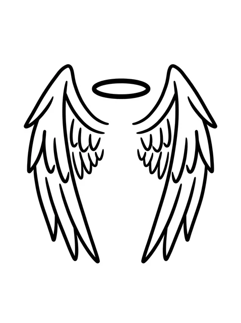 Black and white linework angel wings tattoo design, outline stencil