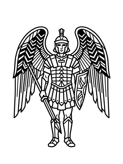 Black and white linework sword and archangel tattoo design, outline stencil