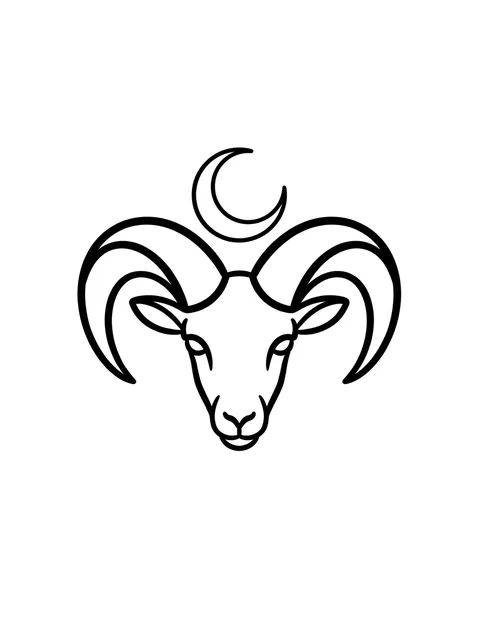 Black and white linework aries and moon tattoo design, outline stencil