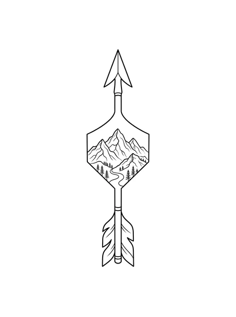 Tattoo-Vorlage mit Bergen und einem Pfeil, Stil: Linework, in Schwarz-Grau
