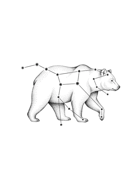 Black and white linework bear and constellation tattoo design, outline stencil: a walking bear