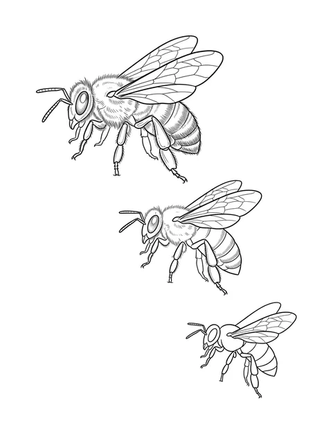 Black and white linework bee tattoo design, outline stencil