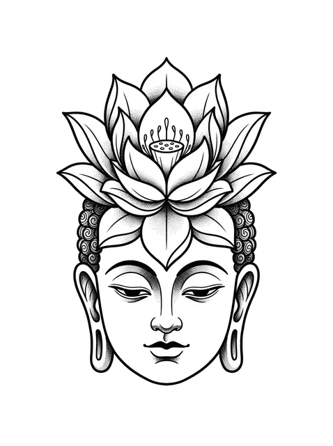 Black and white linework buddha and lotus tattoo design, outline stencil