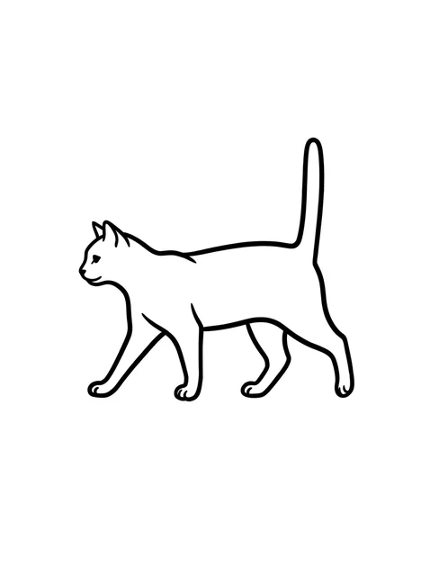 Black and white linework cat tattoo design, outline stencil: a cat walking with its tail straight up