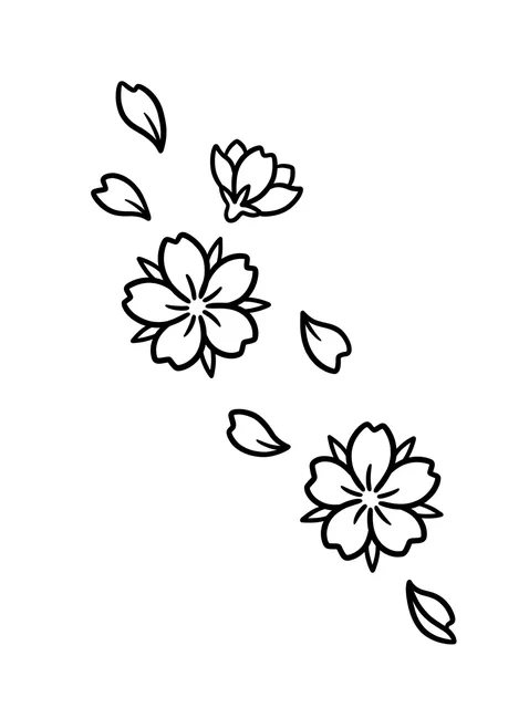 Black and white linework cherry blossom and flower tattoo design, outline stencil