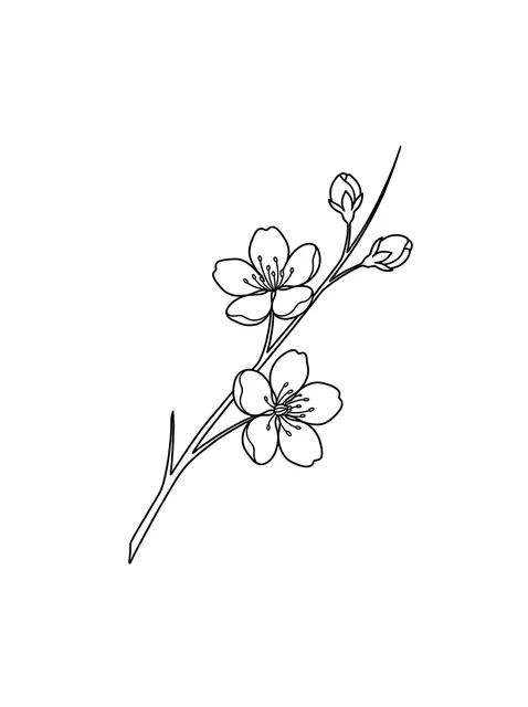 Black and white linework cherry blossom and flower tattoo design, outline stencil