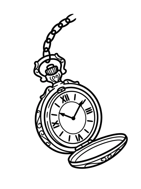Black and white linework clock tattoo design, outline stencil