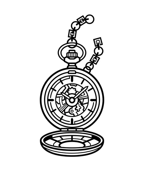 Black and white linework clock tattoo design, outline stencil