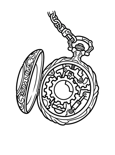 Black and white linework clock tattoo design, outline stencil