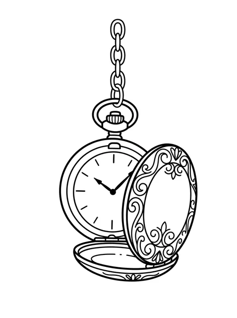 Black and white linework clock tattoo design, outline stencil