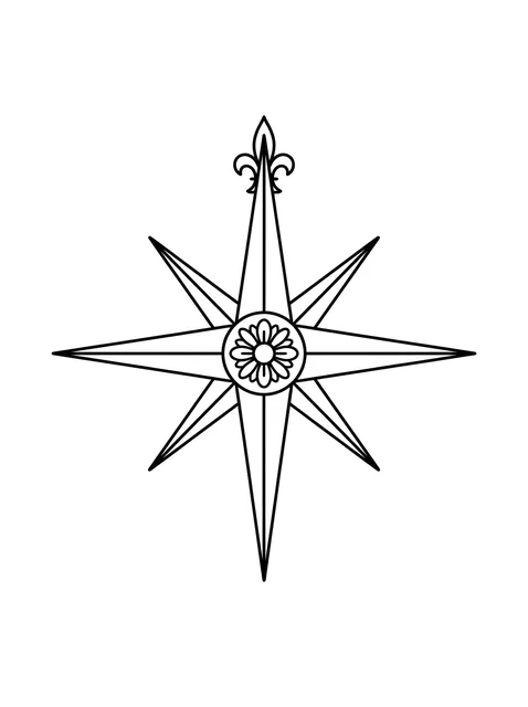 Black and white linework flower and compass tattoo design, outline stencil