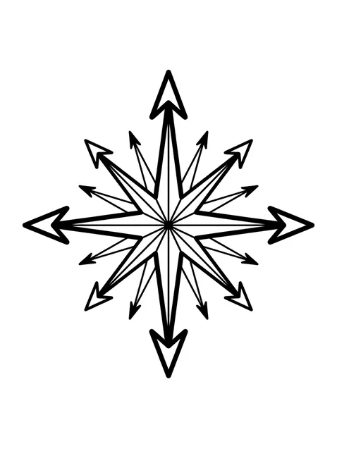 Black and white linework star and compass tattoo design, outline stencil