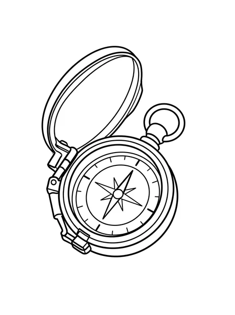 Black and white linework compass tattoo design, outline stencil: an open pocket compass