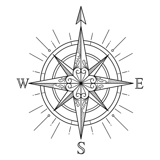 linework Compass tattoo design, black and grey