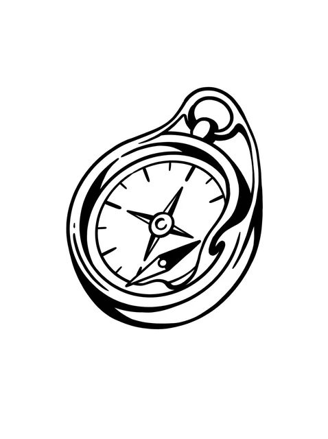 Black and white linework compass tattoo design, outline stencil