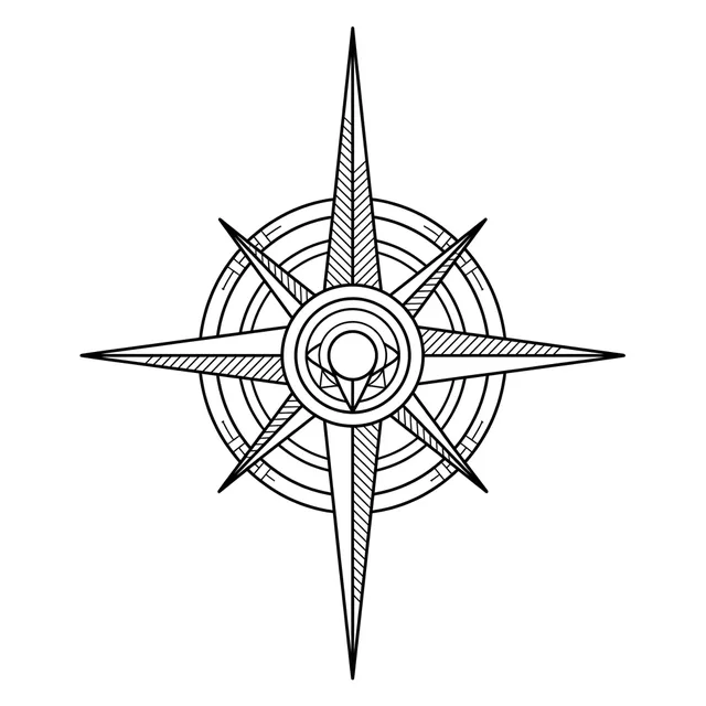 Black and white linework compass tattoo design, outline stencil: a compass rose