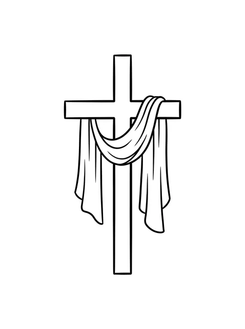 Black and white linework cross tattoo design, outline stencil: a cross draped with fabric