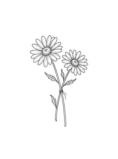 Black and white linework daisy and flower tattoo design, outline stencil
