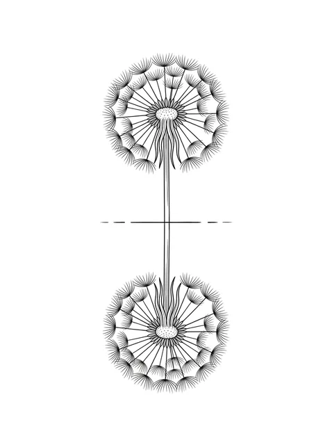 Black and white linework dandelion and flower tattoo design, outline stencil