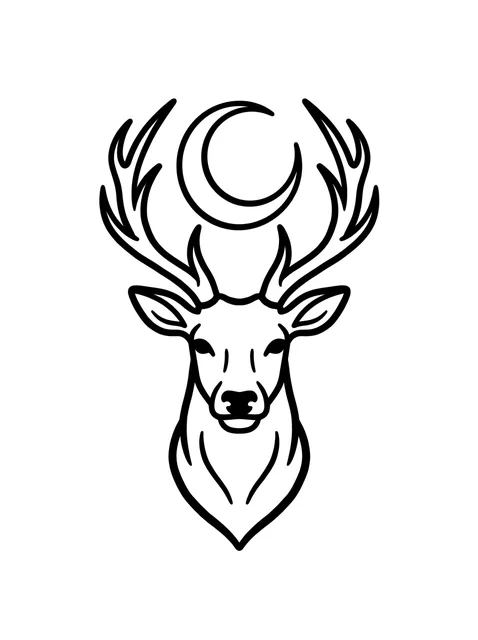 Black and white linework deer and moon tattoo design, outline stencil