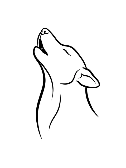 Black and white linework dog and wolf tattoo design, outline stencil: the profile of a howling wolf