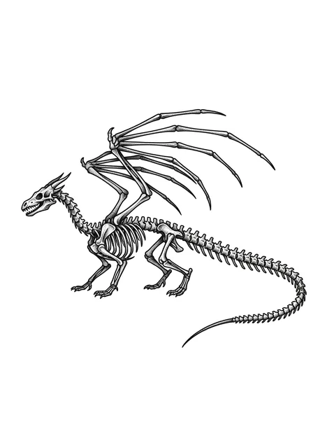 Black and white linework dragon and skeleton tattoo design, outline stencil