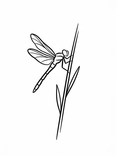 Black and white linework dragonfly and leaf tattoo design, outline stencil