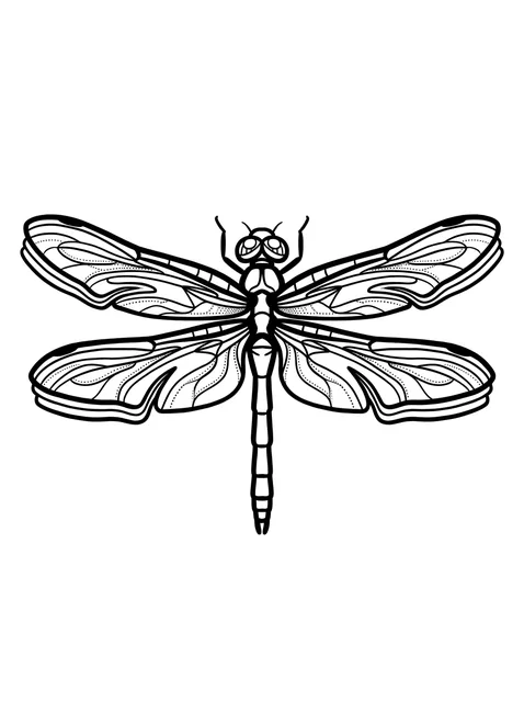 Black and white linework dragonfly tattoo design, outline stencil