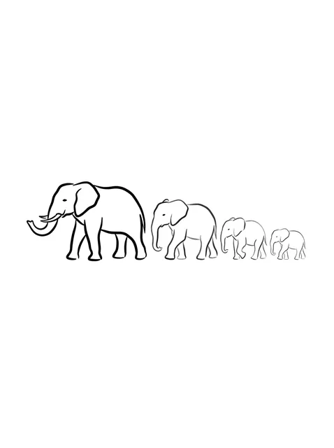 Black and white linework elephant tattoo design, outline stencil
