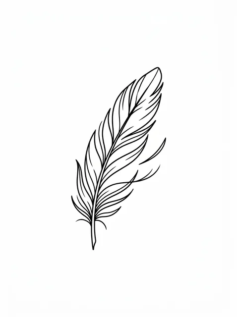 Black and white linework feather tattoo design, outline stencil: a single feather