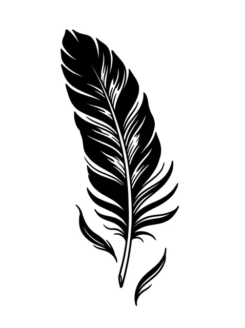 Black and white linework feather tattoo design, outline stencil