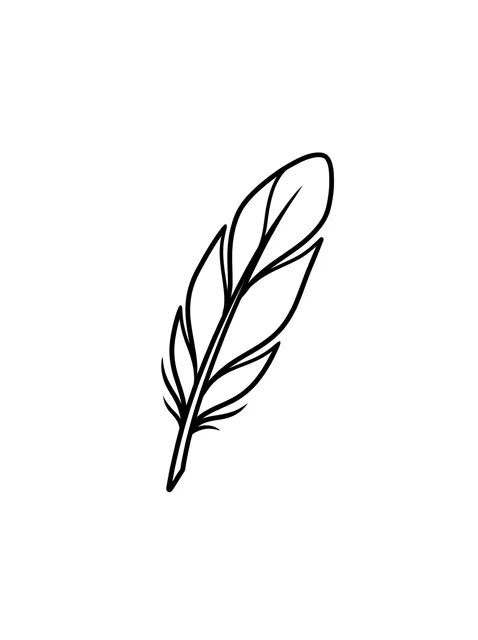 Black and white linework feather tattoo design, outline stencil: a single feather