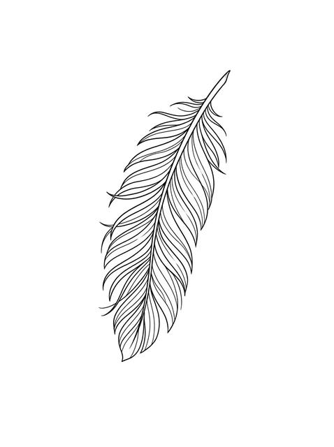 Black and white linework feather tattoo design, outline stencil: a single feather