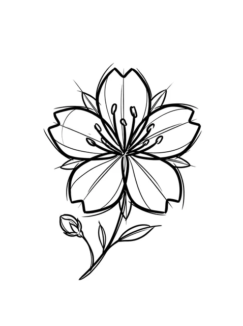 Black and white linework cherry blossom and flower tattoo design, outline stencil
