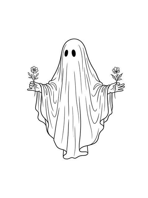 Black and white linework ghost and flower tattoo design, outline stencil