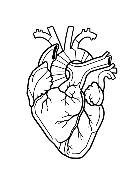 Black and white linework heart tattoo design, outline stencil: an anatomical heart