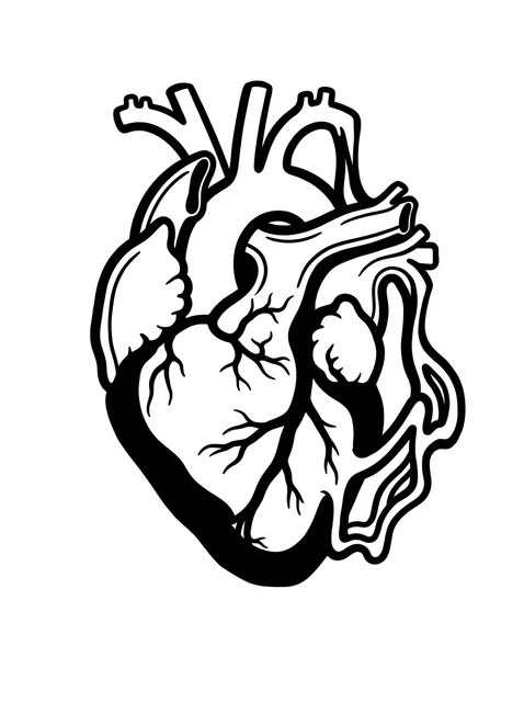 Black and white linework heart tattoo design, outline stencil: an anatomical heart