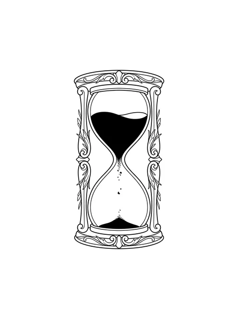 Black and white linework hourglass tattoo design, outline stencil