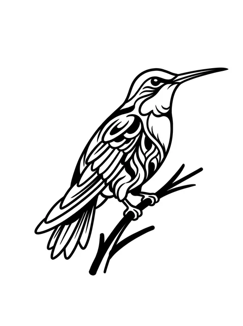 Black and white linework bird and hummingbird tattoo design, outline stencil