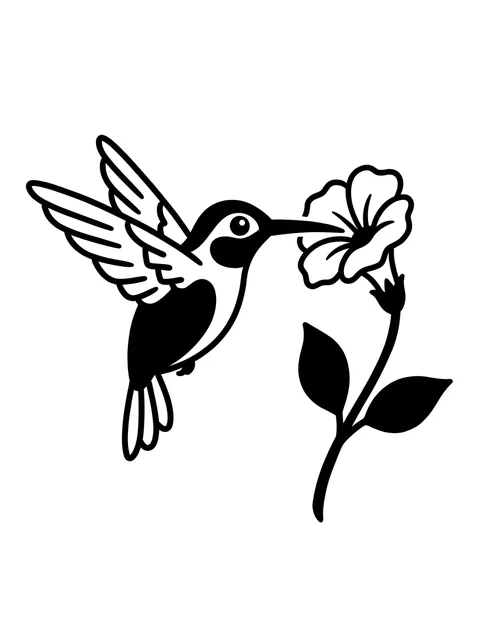 Black and white linework hummingbird and flower tattoo design, outline stencil