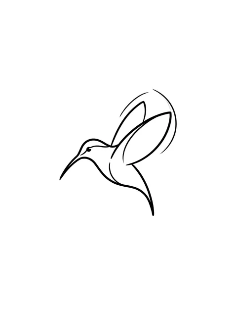 Black and white linework hummingbird tattoo design, outline stencil: a hummingbird in flight