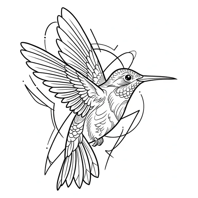 linework Hummingbird tattoo design, black and grey