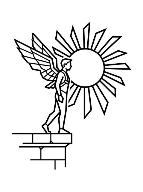 Black and white linework icarus and angel wings tattoo design, outline stencil